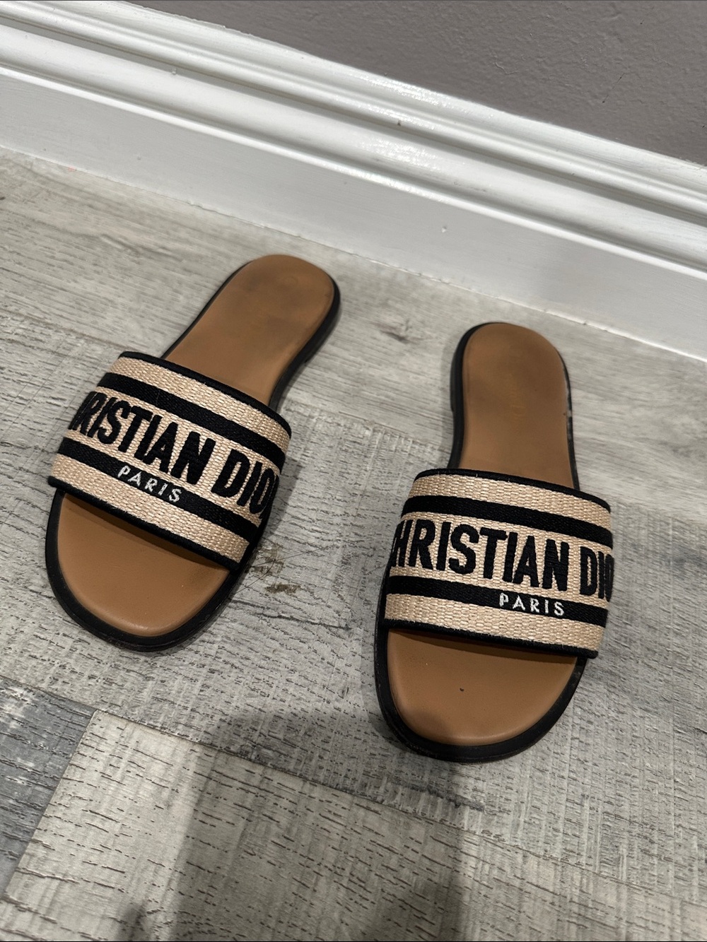 Dior Beige and Black Logo Slide Sandals